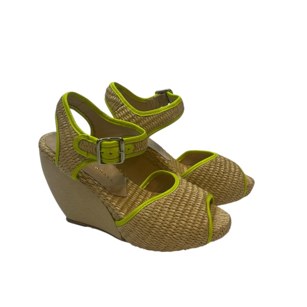 Loeffler Randall 5.5B Wedge Sandals Neon Trim Raffia Straw Peep Toe‎ Shoes